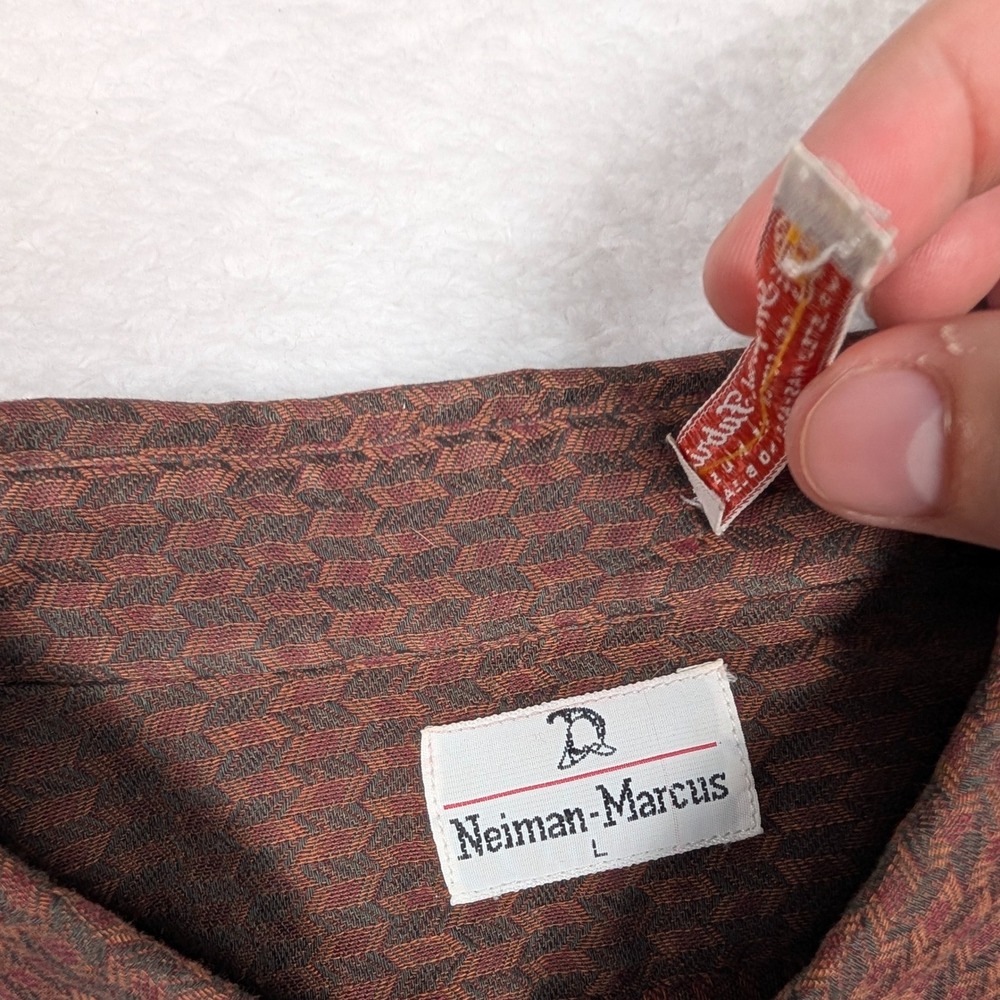 Vintage Neiman Marcus Shirt Mens L Brown Geometric Woven Button Made USA 70s 80s - Picture 4 of 10